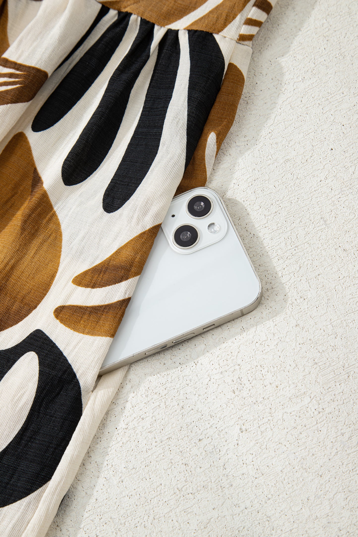 Brown Tropical Printed Contrast Trim Neck Long Sleeve Ruffle Hem Dress-TOPS / DRESSES-[Adult]-[Female]-2022 Online Blue Zone Planet