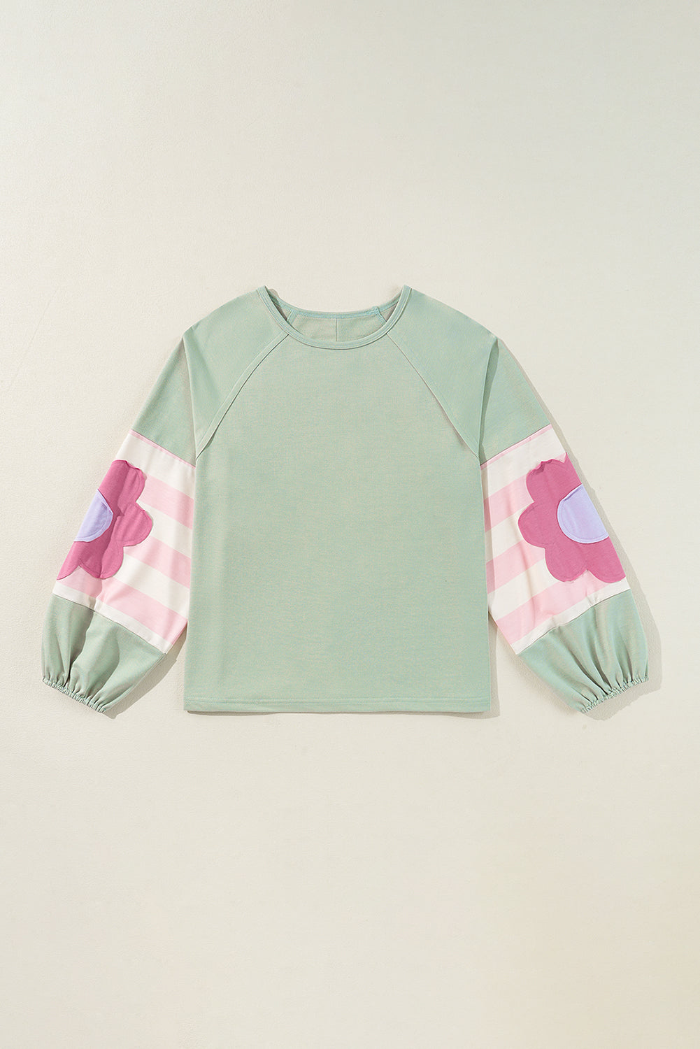 Blue Zone Planet | Smoke Green Flower Patchwork Exposed Seam Raglan Sleeve Top-Long Sleeve Tops-[Adult]-[Female]-2022 Online Blue Zone Planet