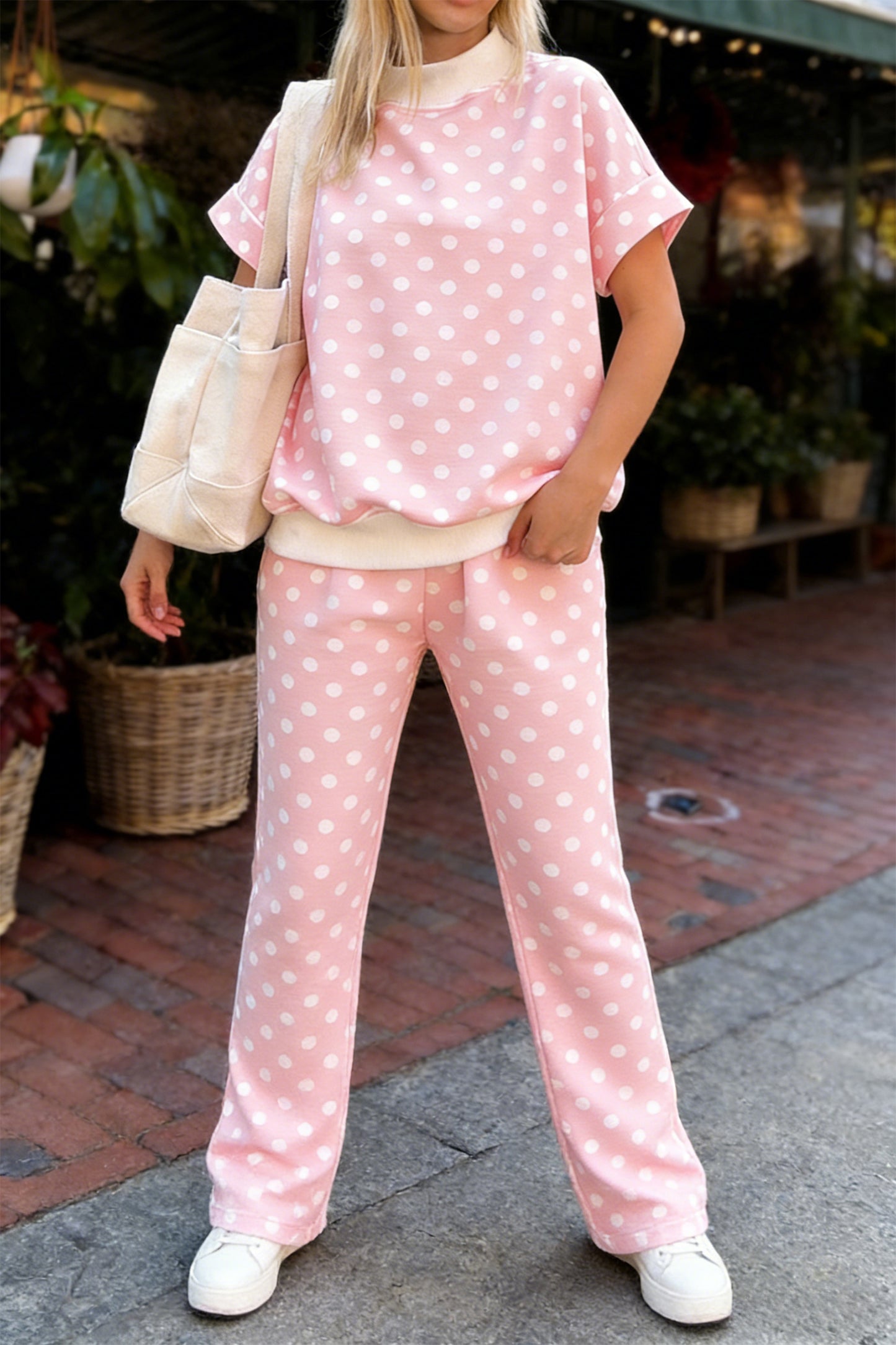 Pink Polka Dot Print Mock Neck Short Sleeve Top Shift Pant Set-Two Piece Sets/Pant Sets-[Adult]-[Female]-Pink-S-2022 Online Blue Zone Planet