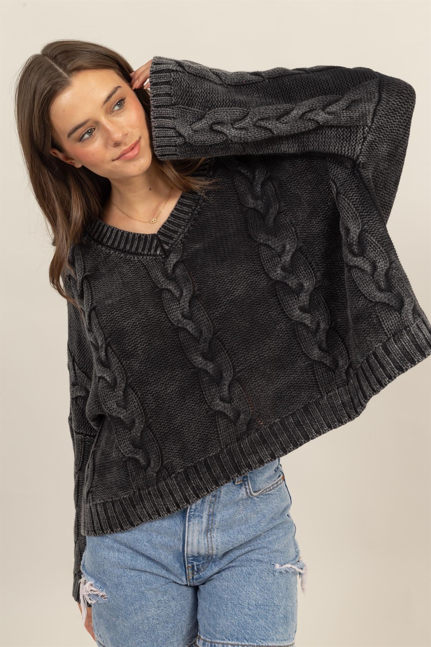 Blue Zone Planet | HYFVE Cable Knit V-Neck Dropped Shoulder Oversized Sweater-TOPS / DRESSES-[Adult]-[Female]-Charcoal-S-2022 Online Blue Zone Planet