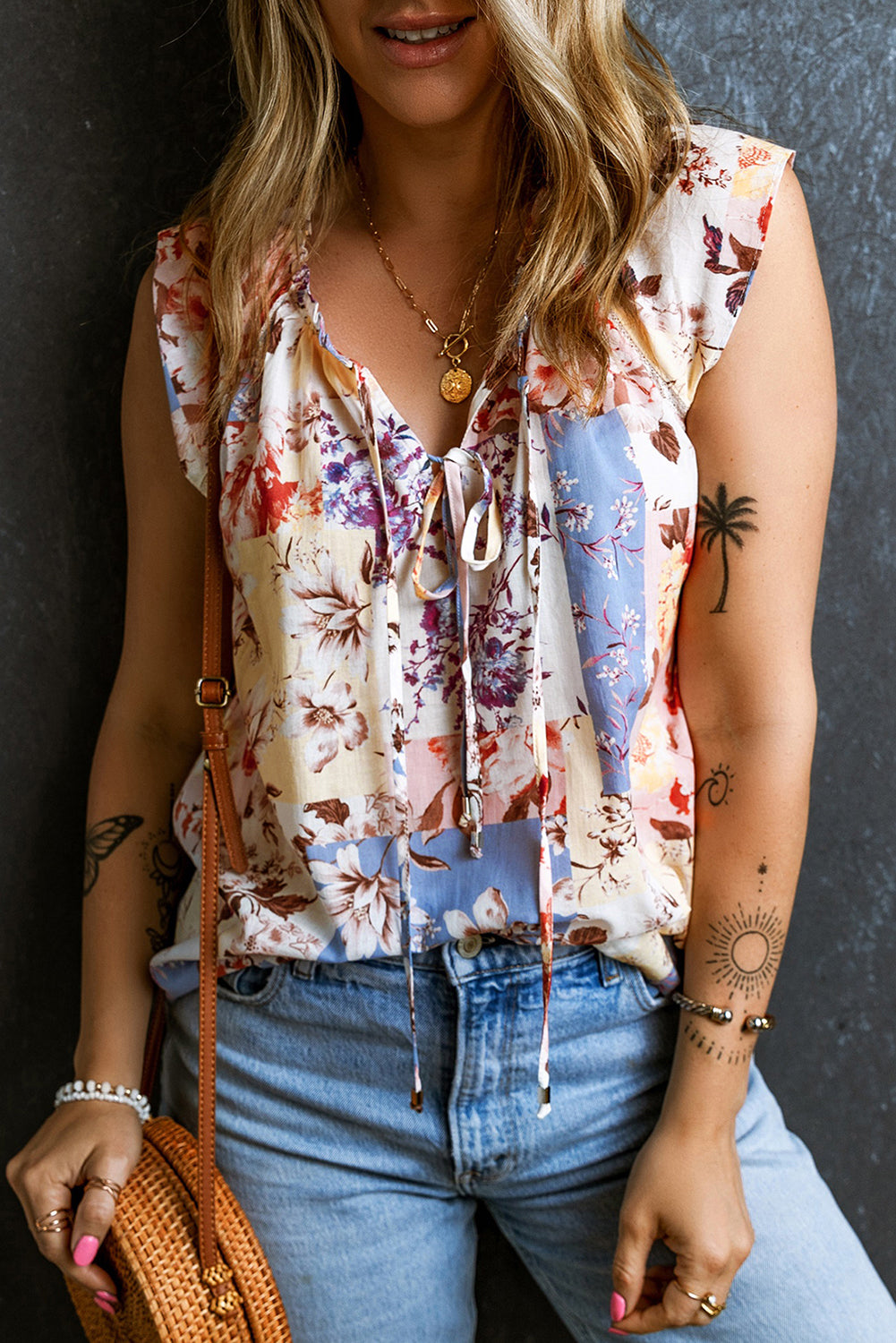 Blue Zone Planet |  Multicolour Floral Print Split V Neck Lace Trim Cap Sleeve Blouse Blue Zone Planet