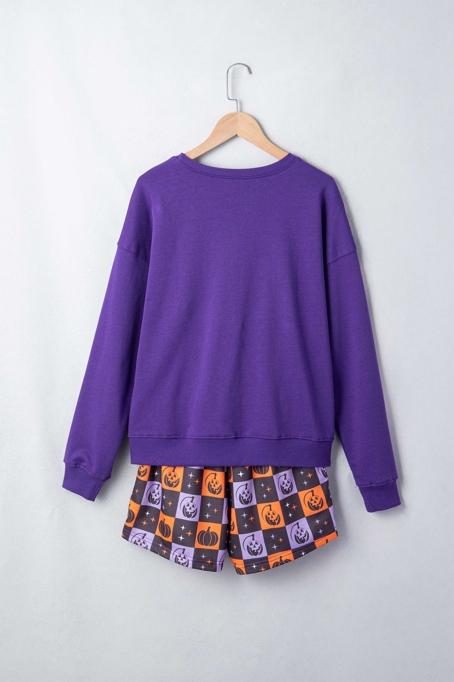 Orange Witch Letter Print Long Sleeve Top Checkered Elastic Waist Shorts Set-Two Piece Sets/Short Sets-[Adult]-[Female]-2022 Online Blue Zone Planet
