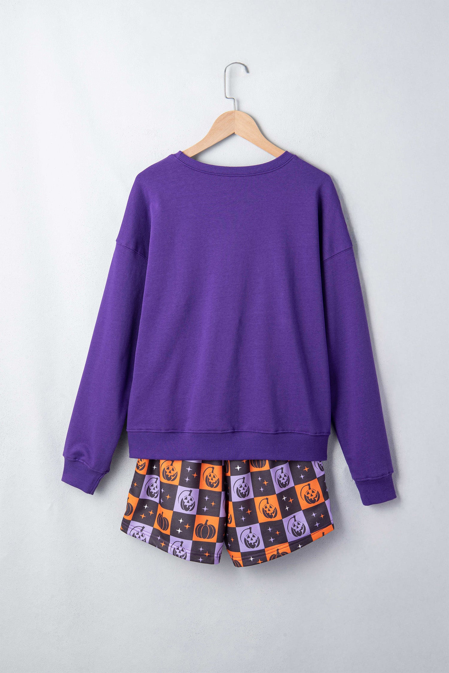 Orange Witch Letter Print Long Sleeve Top Checkered Elastic Waist Shorts Set-Two Piece Sets/Short Sets-[Adult]-[Female]-2022 Online Blue Zone Planet