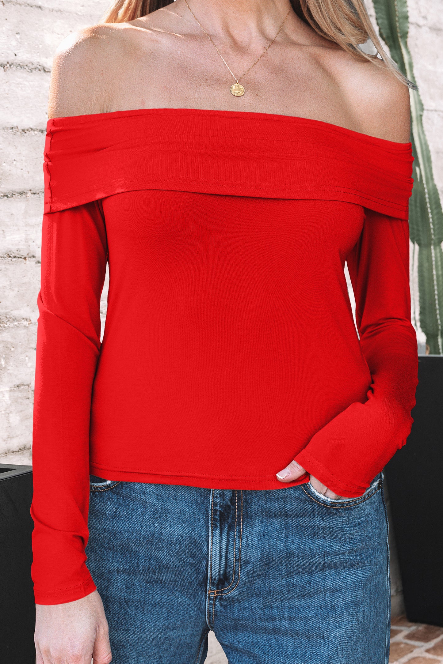 Fiery Red Foldover Off Shoulder Long Sleeve Slim Top-Tops/Long Sleeve Tops-[Adult]-[Female]-2022 Online Blue Zone Planet