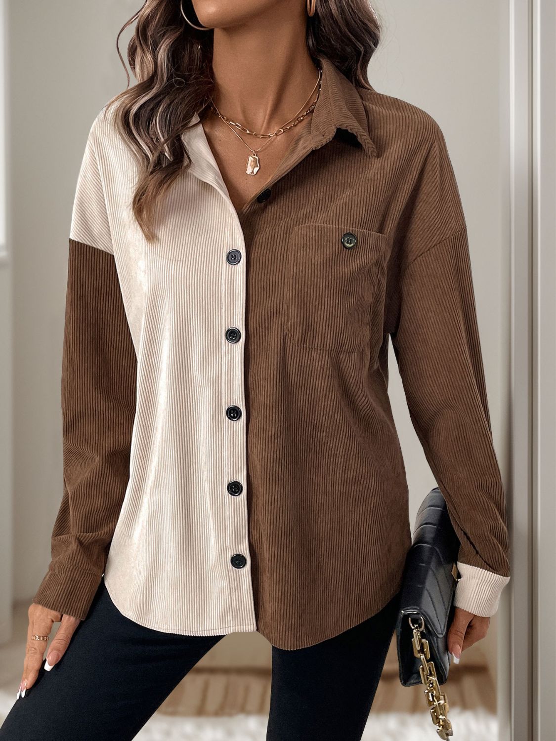 Blue Zone Planet | Perfee Pocketed Contrast Collared Neck Long Sleeve Shirt-TOPS / DRESSES-[Adult]-[Female]-Coffee Brown-S-2022 Online Blue Zone Planet