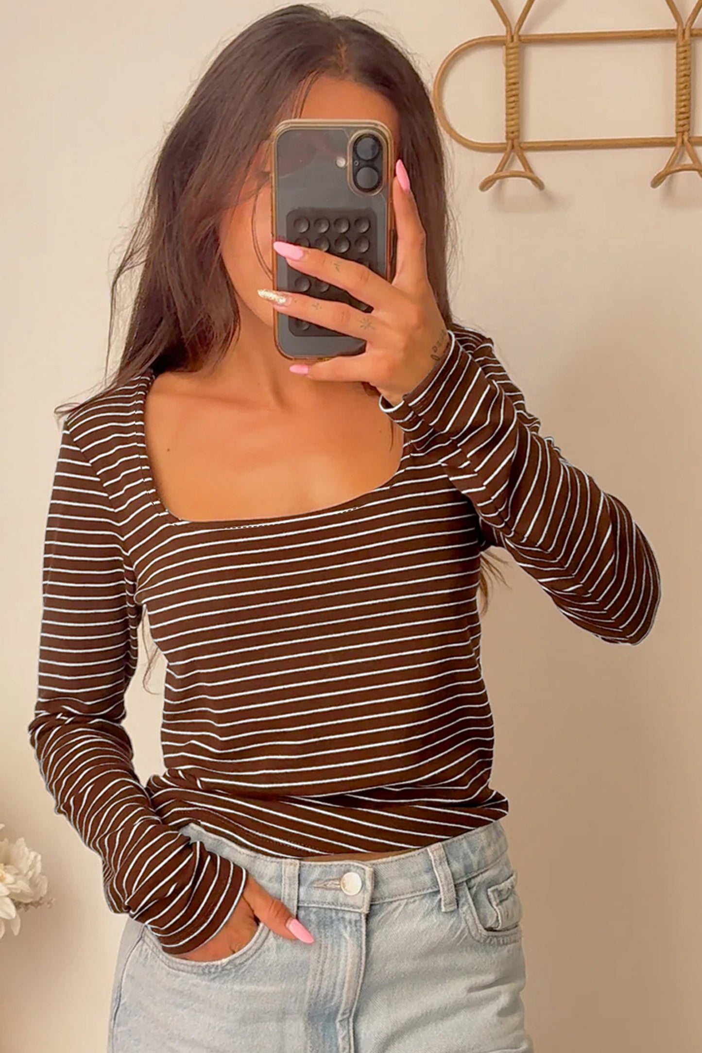 Brown Stripe Square Neck Long Sleeve Top-Tops/Long Sleeve Tops-[Adult]-[Female]-2022 Online Blue Zone Planet