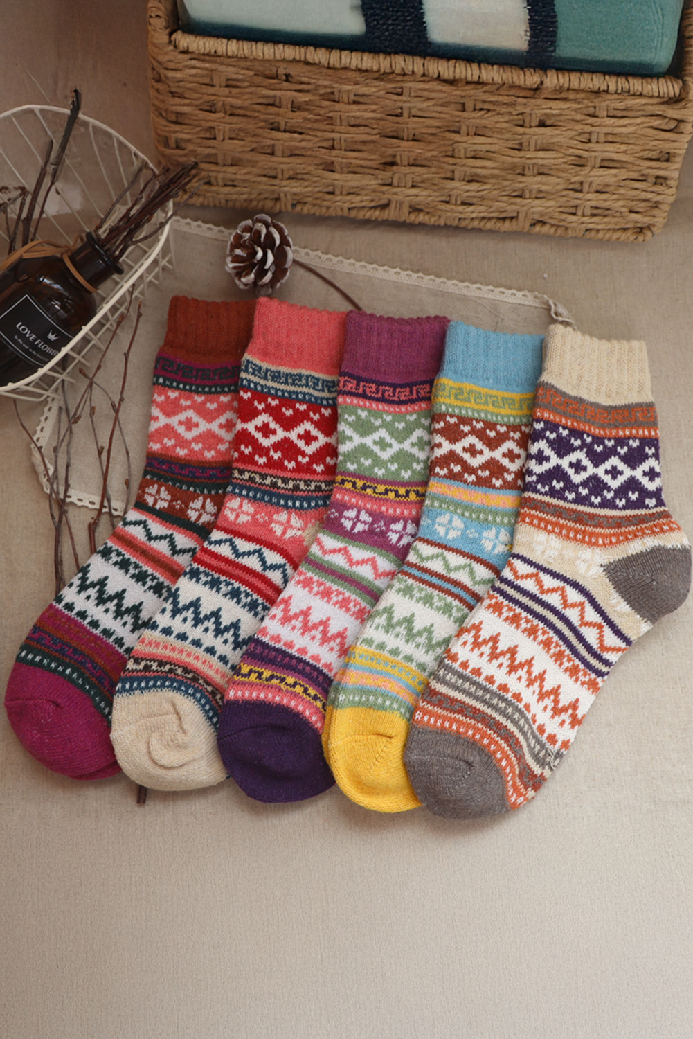 Camel Vintage Geometric Striped Warm Winter Socks-Accessories & Jewelry-[Adult]-[Female]-Camel-ONE SIZE-2022 Online Blue Zone Planet