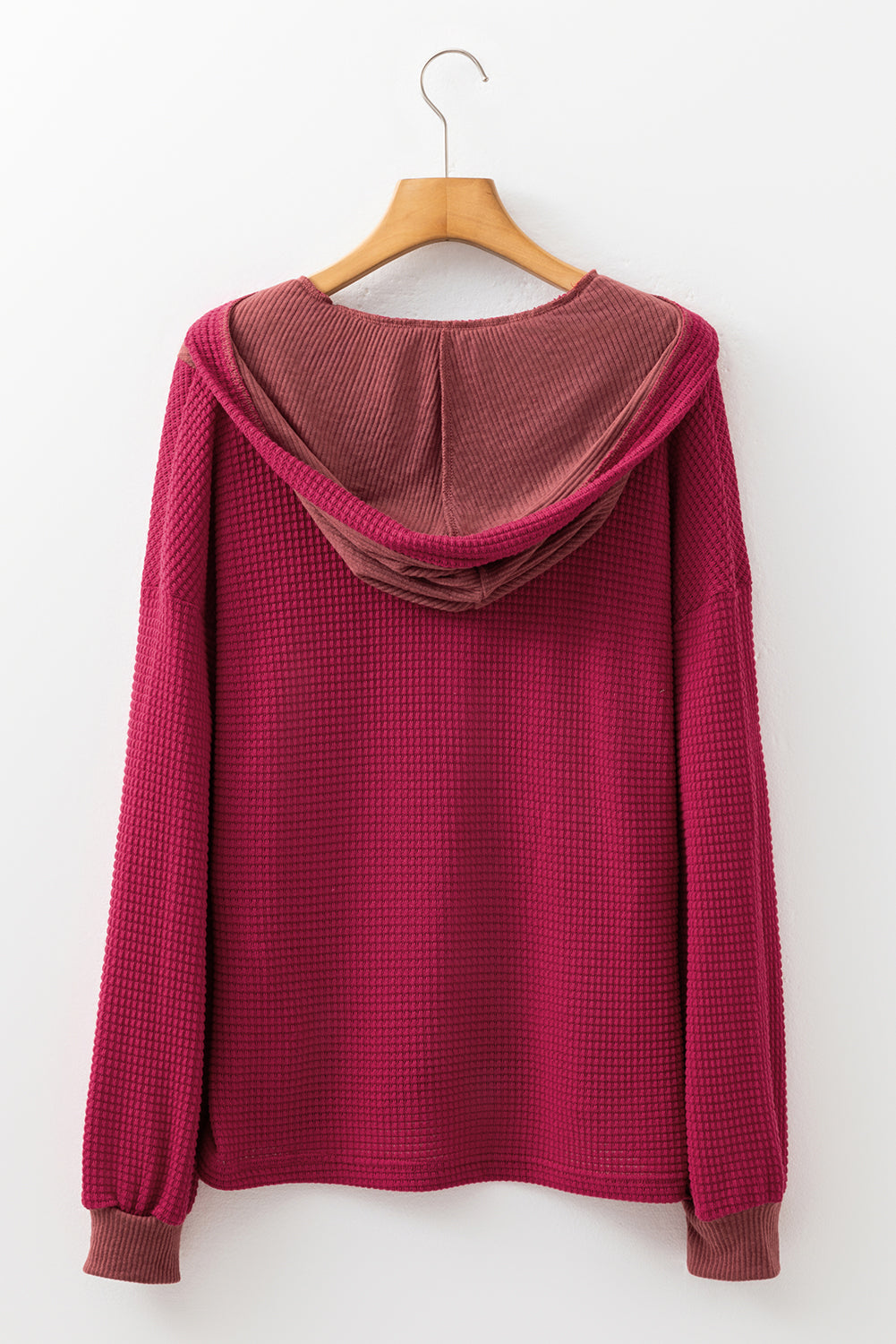 Racing Red Waffle Patchwork Drop Shoulder Hooded Long Sleeve Top-Tops / Dresses-[Adult]-[Female]-2022 Online Blue Zone Planet