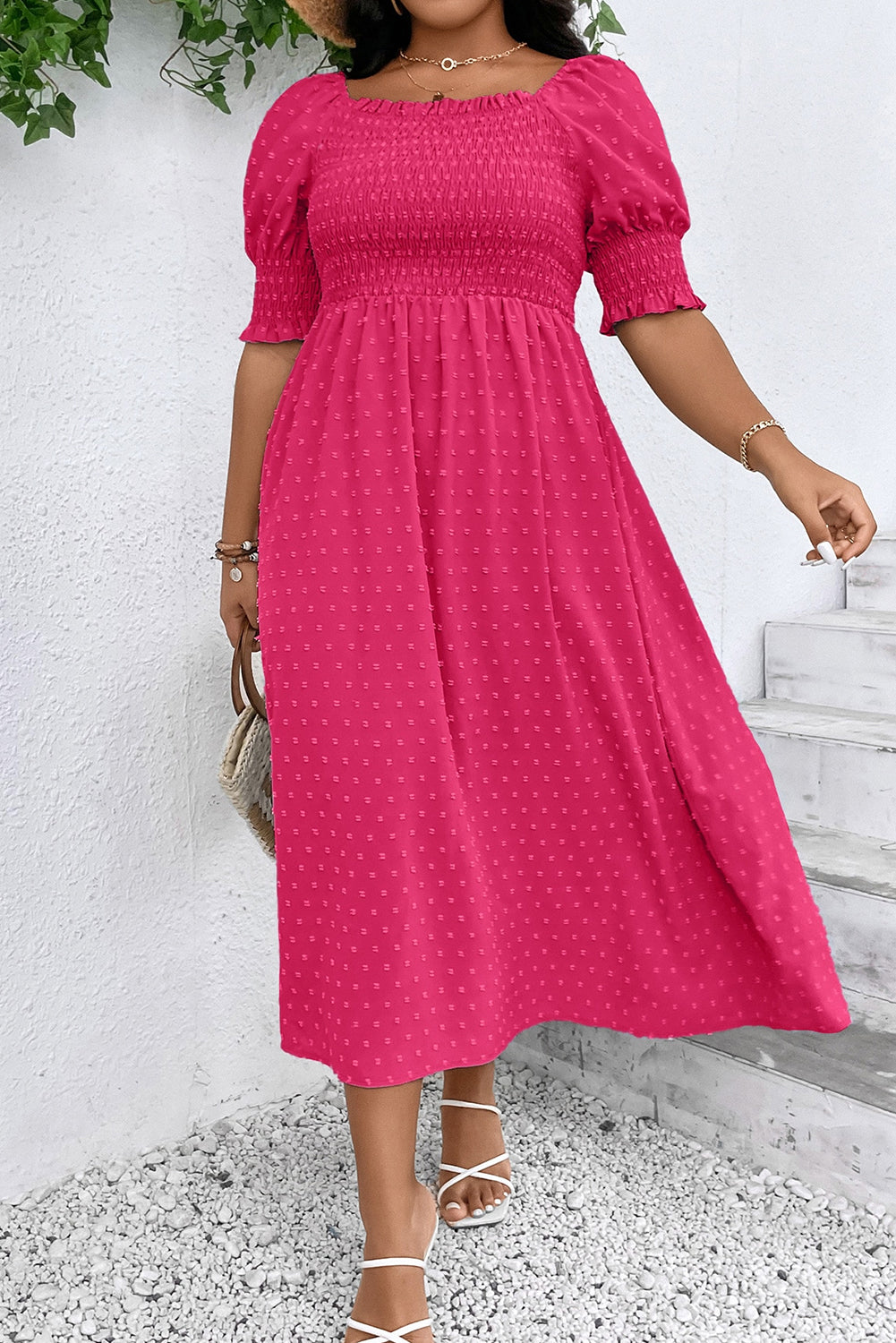 Sachet Pink Swiss Dot Smocked Frilled Neckline Short Sleeve Plus Size Dress-Plus Size/Plus Size Dresses/Plus Size Maxi Dresses-[Adult]-[Female]-Sachet Pink-1X-2022 Online Blue Zone Planet