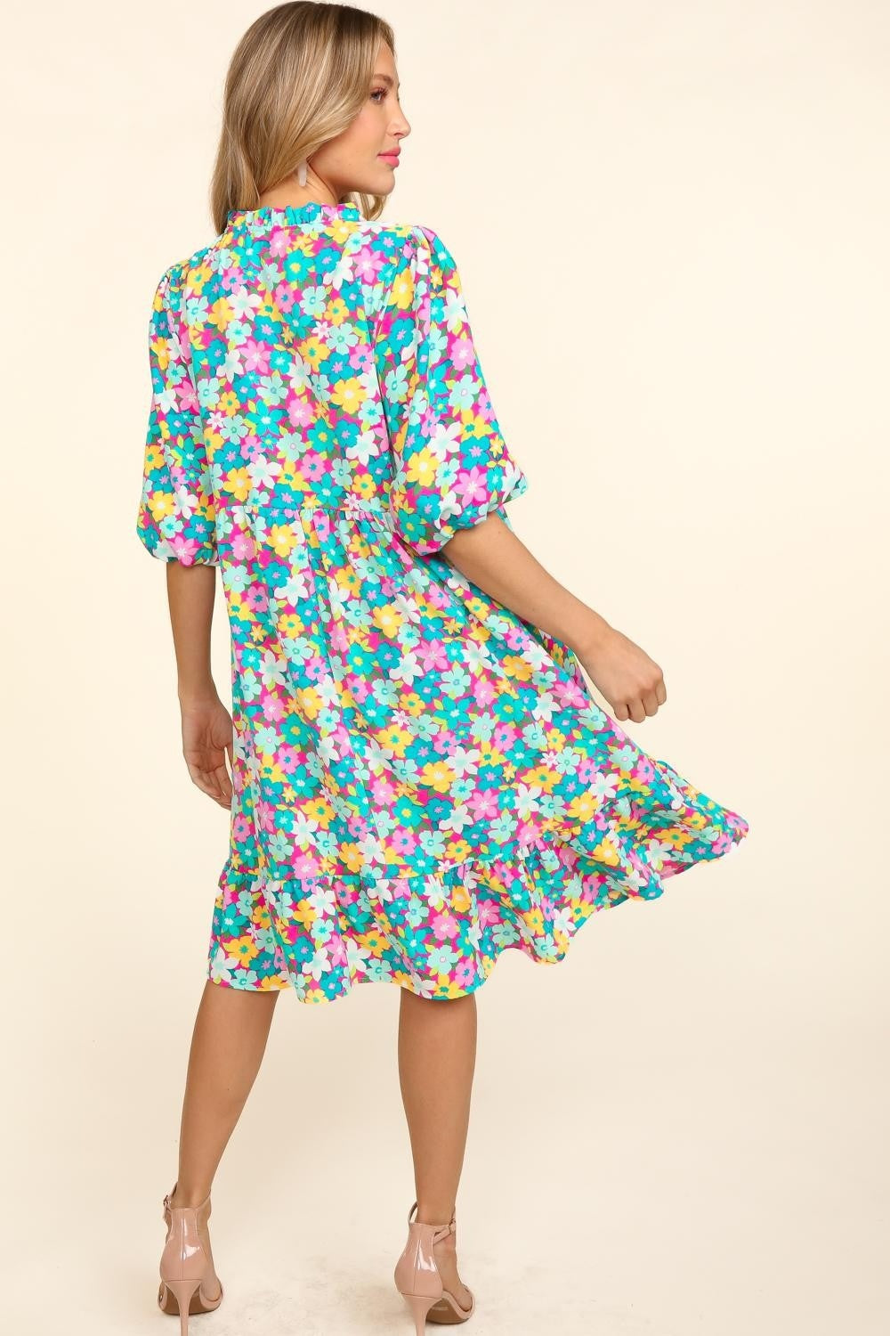 Haptics Bubble Sleeve Floral Ruffled Dress-TOPS / DRESSES-[Adult]-[Female]-2022 Online Blue Zone Planet