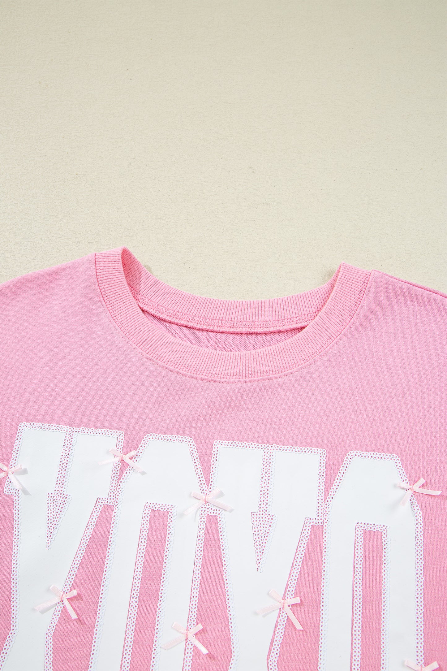 Pink Bow Sequin XOXO Letter Graphic Exposed Seam Baggy Sweatshirt-Tops/Sweatshirts & Hoodies-[Adult]-[Female]-2022 Online Blue Zone Planet