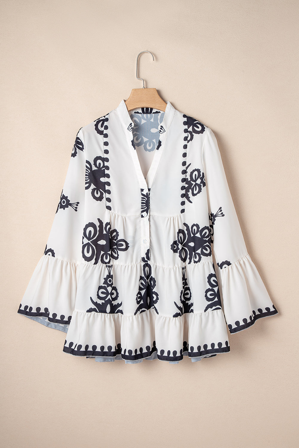 White Abstract Printed Bell Sleeve Buttoned Tiered Babydoll Blouse-Tops/Blouses & Shirts-[Adult]-[Female]-2022 Online Blue Zone Planet