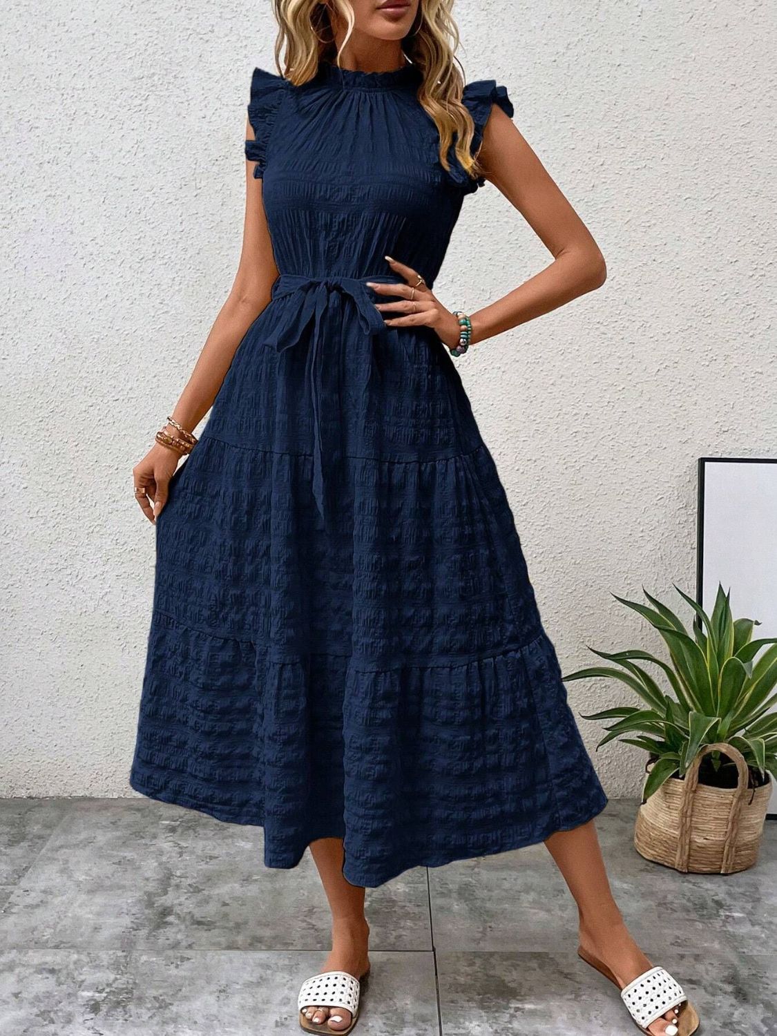 Tied Ruffled Cap Sleeve Midi Dress-TOPS / DRESSES-[Adult]-[Female]-Dark Blue-S-2022 Online Blue Zone Planet