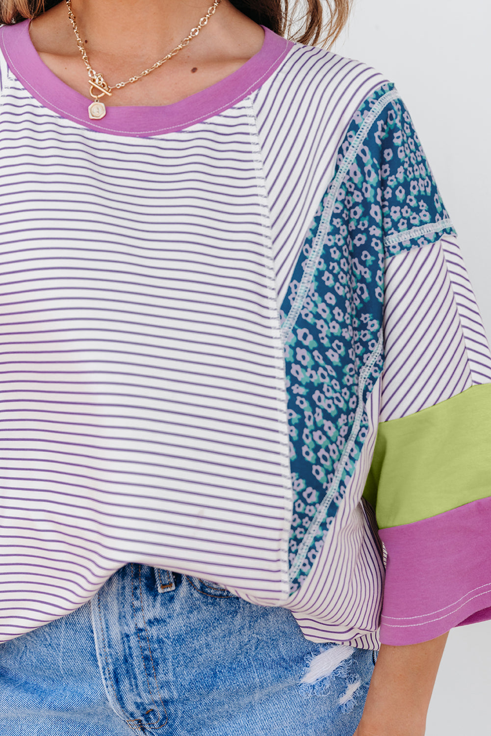 Purple Stripe Floral Color Block Raw Edge Patchwork Bracelet Sleeve Blouse-Bracelet-[Adult]-[Female]-2022 Online Blue Zone Planet