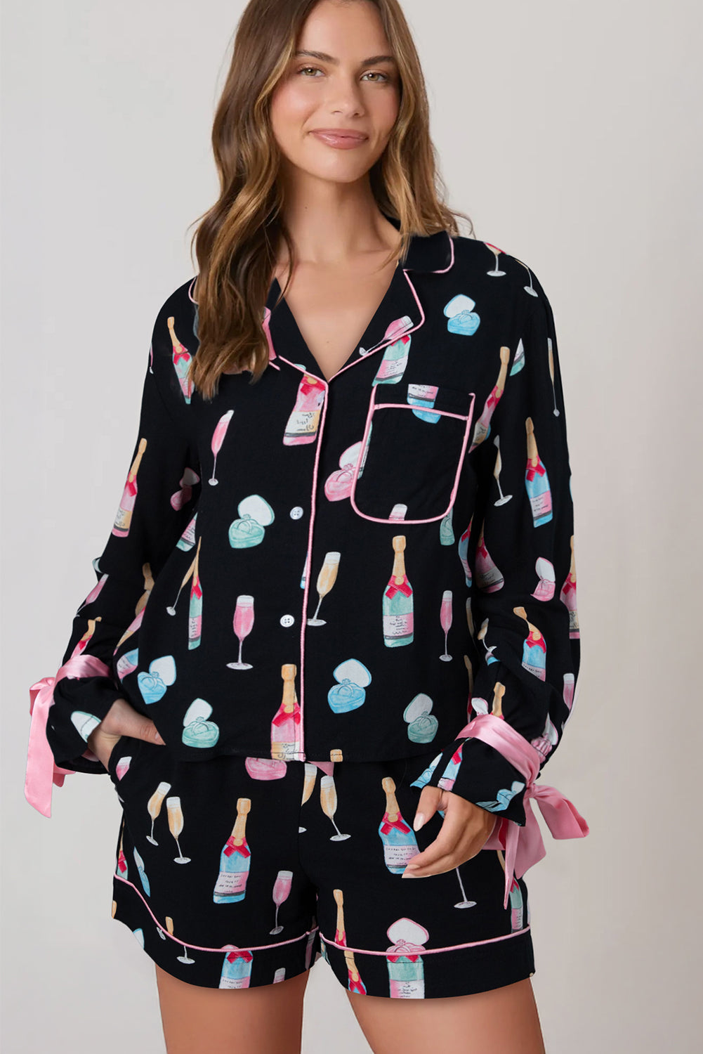 Color black Christmas Wine Glass Print Bow Knot Two Piece Pajama Set-Loungewear & Sleepwear/Sleepwear-[Adult]-[Female]-2022 Online Blue Zone Planet