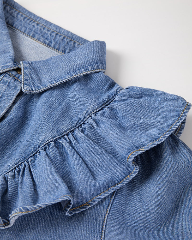Ruffled Collared Neck Long Sleeve Denim Top-TOPS / DRESSES-[Adult]-[Female]-2022 Online Blue Zone Planet