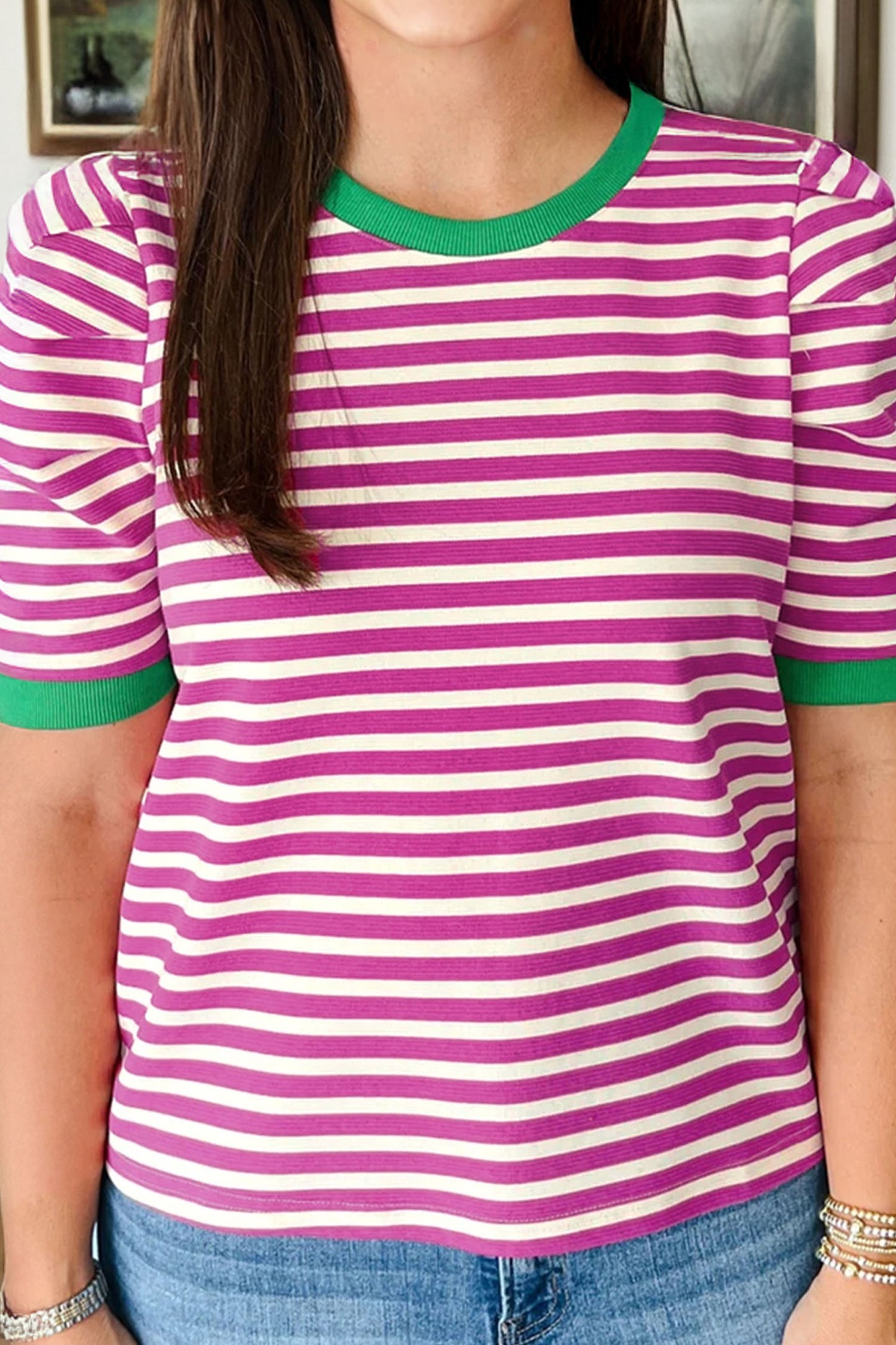 Rose Stripe Short Puff Sleeve Contrast Trim Round Neck Tee-Tops/Tops & Tees-[Adult]-[Female]-Rose Stripe-S-2022 Online Blue Zone Planet