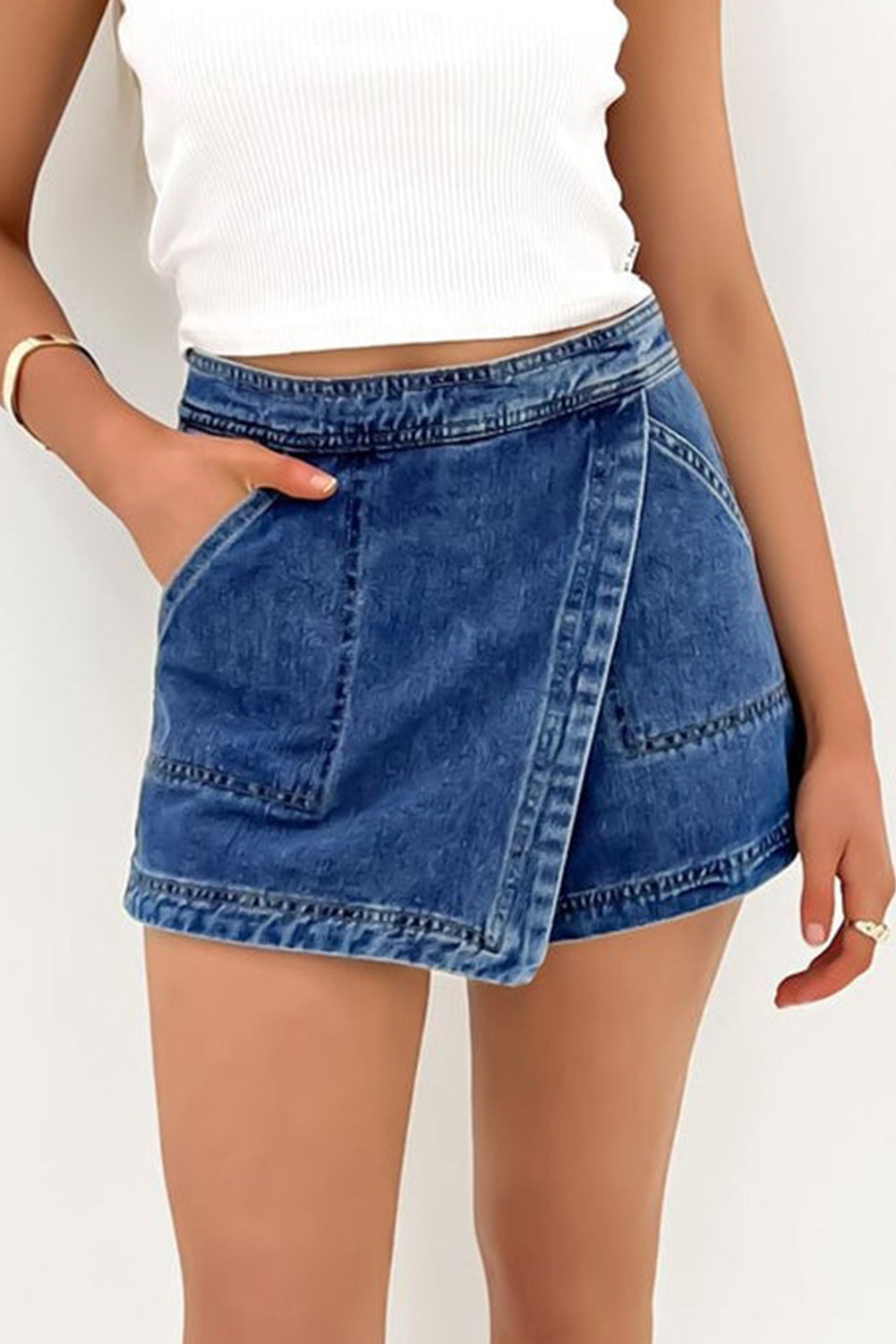 Ashleigh Blue Faux Wrapped Mini Denim Skort-Bottoms/Denim Shorts-[Adult]-[Female]-2022 Online Blue Zone Planet