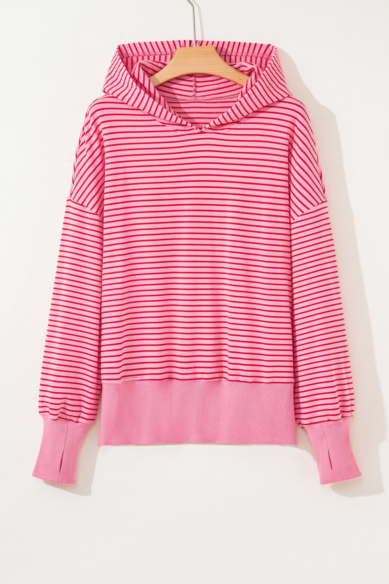 Rose Stripe Thumbhole Side Slits Drop Shoulder Loose Fit Hoodie-Tops / Dresses-[Adult]-[Female]-2022 Online Blue Zone Planet