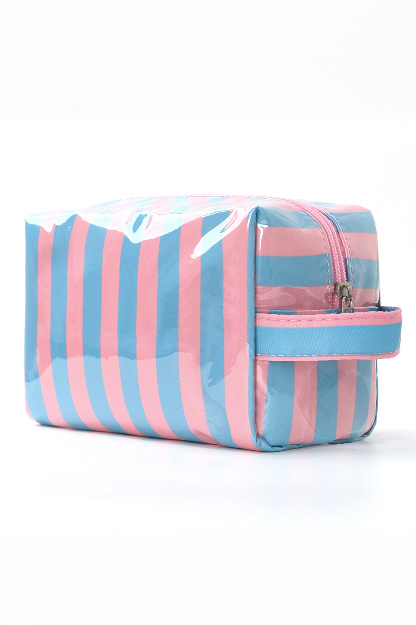 Light Pink PVC Striped Cosmetic Bag Durable Zipper Handle Travel Organizer