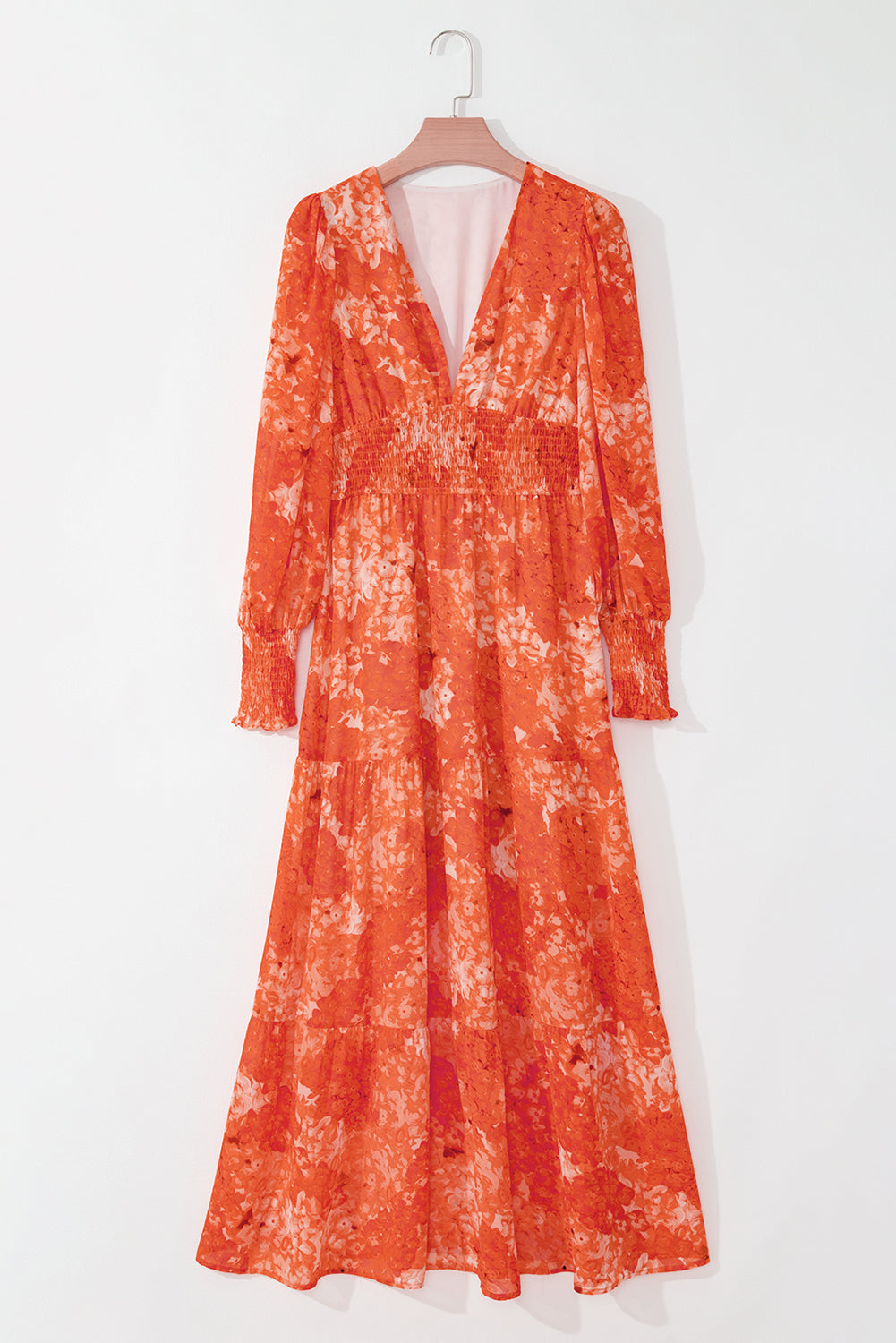 Orange Boho Floral Bishop Sleeve V Neck Tiered Maxi Dress-Dresses/Maxi Dresses-[Adult]-[Female]-2022 Online Blue Zone Planet