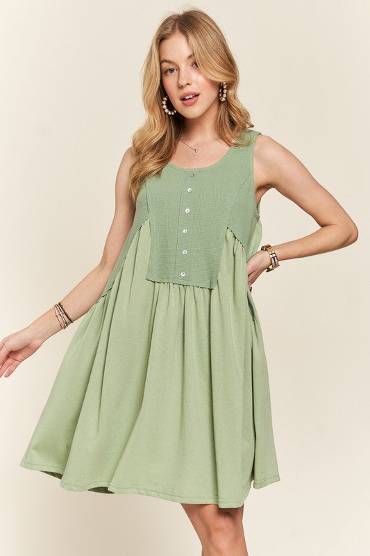 ADORA Decorative Button Sleeveless Babydoll Dress-TOPS / DRESSES-[Adult]-[Female]-Sage-S-2022 Online Blue Zone Planet