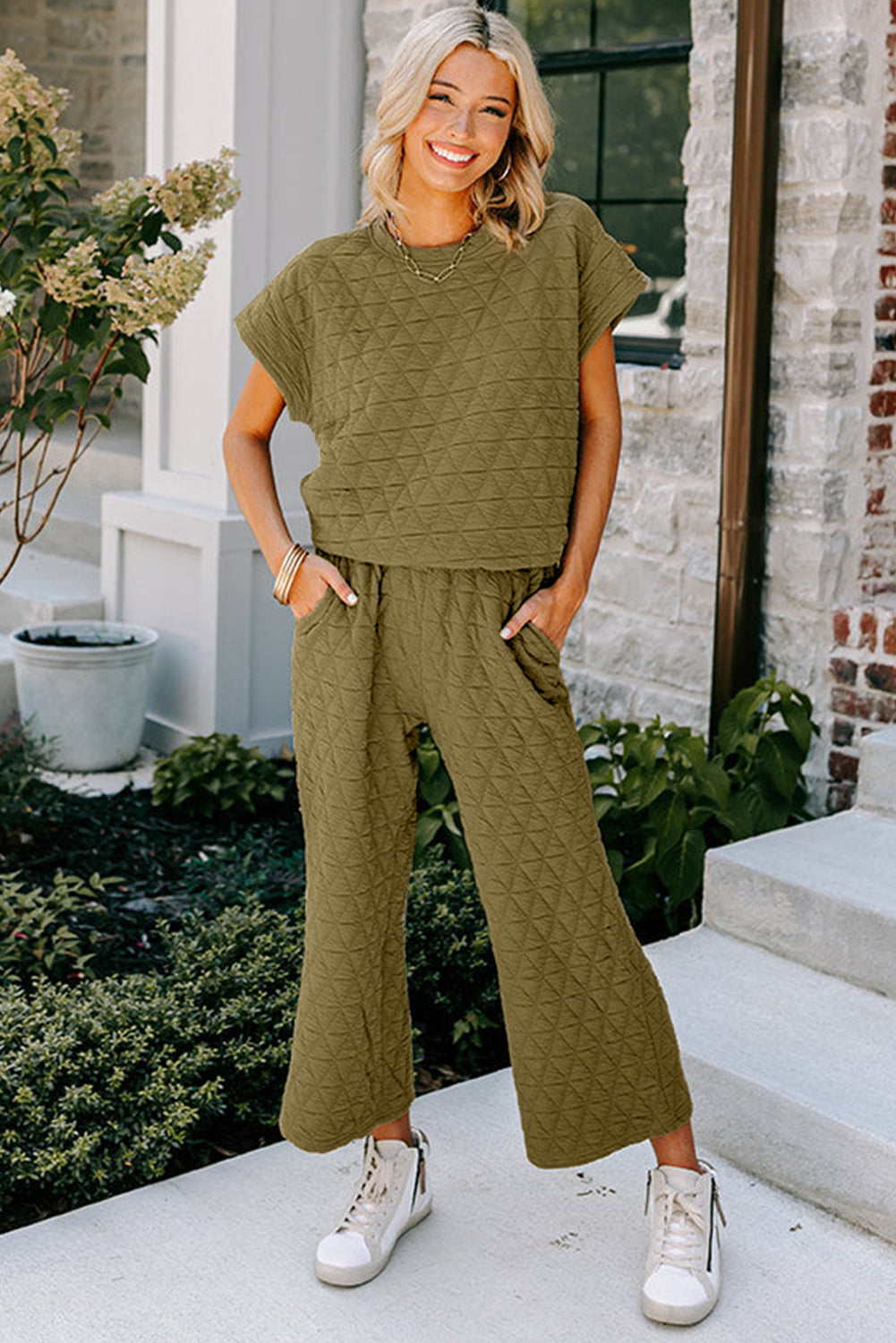 Blue Zone Planet |  Sage Green Quilted Short Sleeve Wide Leg Pants Set Blue Zone Planet
