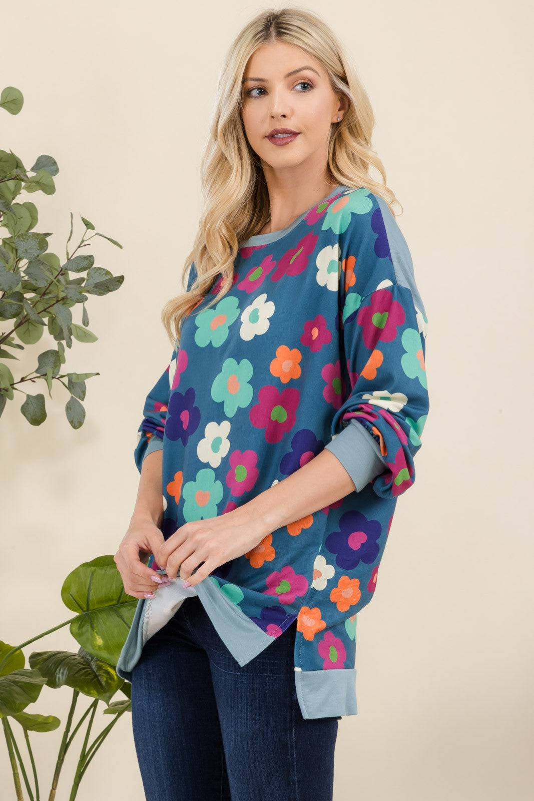 Blue Zone Planet | Celeste Full Size Side Slit Flower Print Long Sleeve Top-TOPS / DRESSES-[Adult]-[Female]-2022 Online Blue Zone Planet