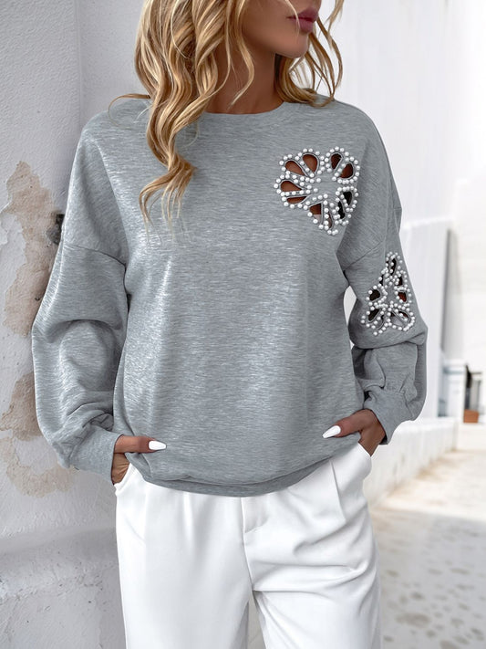 Perfee Cutout Pearl Round Neck Long Sleeve Sweatshirt-TOPS / DRESSES-[Adult]-[Female]-Gray-S-2022 Online Blue Zone Planet