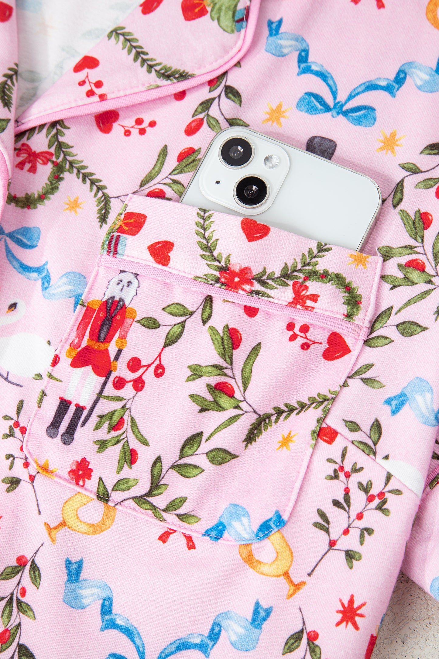 Pink Nutcracker Doll Christmas Print Ribbon Tie Waist Short 2pcs Pajama Set-Loungewear & Sleepwear/Sleepwear-[Adult]-[Female]-2022 Online Blue Zone Planet