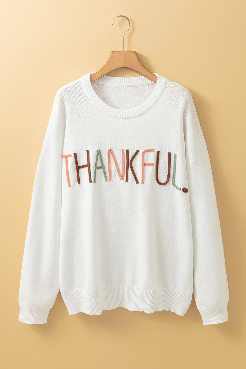 Blue Zone Planet | White Plus Size Thankful Ivory Embroidered Sweater-Plus Size/Plus Size Sweaters & Cardigans-[Adult]-[Female]-2022 Online Blue Zone Planet