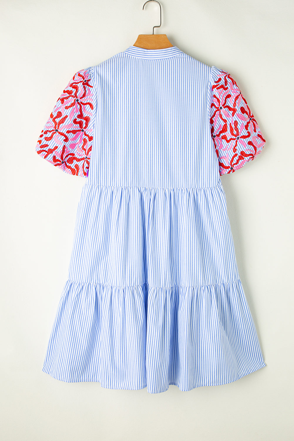 Blue Zone Planet | Sky Blue Stripe Contrast Floral Puff Sleeve Tiered Ruffle Dress-TOPS / DRESSES-[Adult]-[Female]-2022 Online Blue Zone Planet