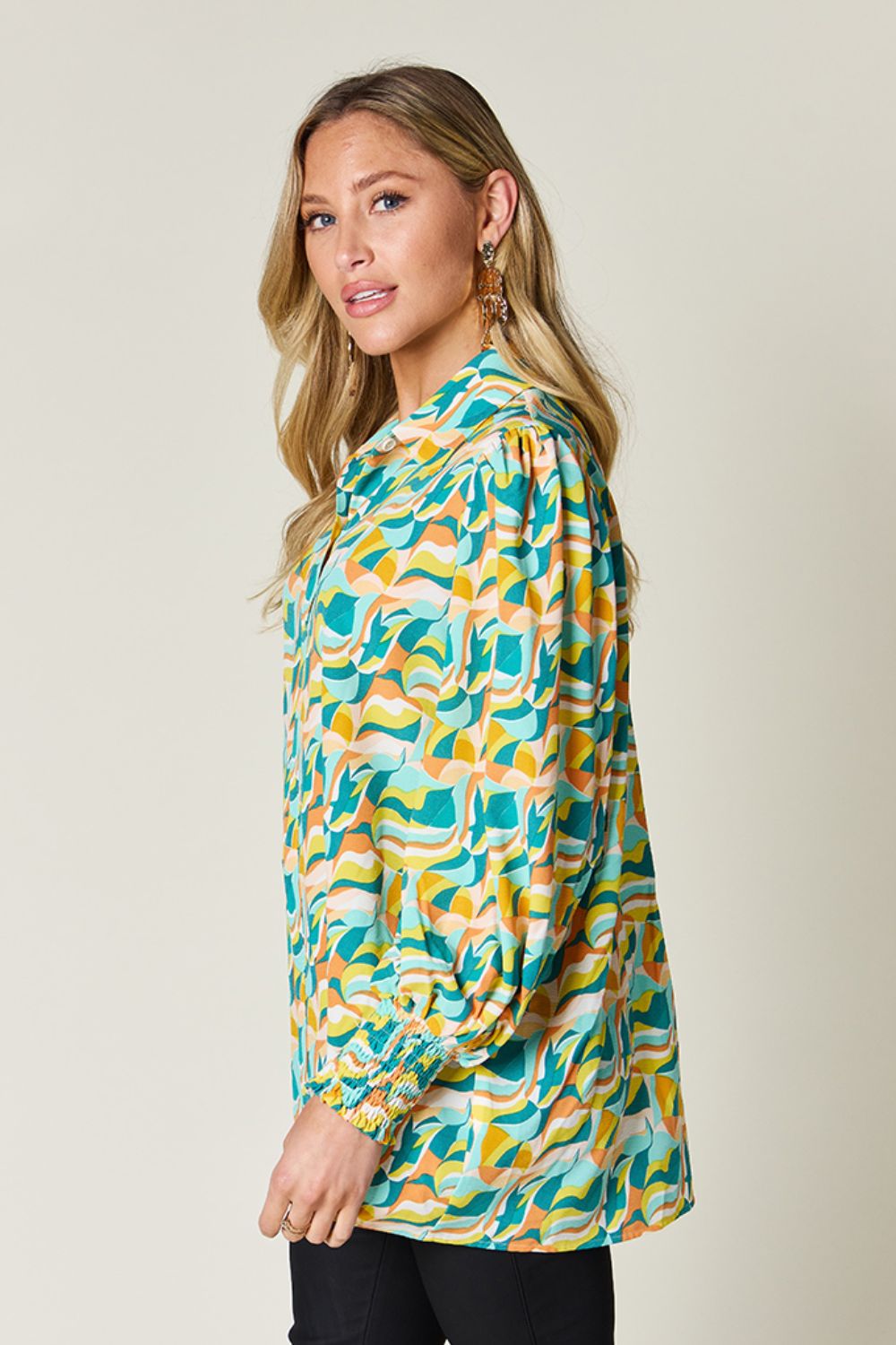 Blue Zone Planet | Double Take Full Size Printed Smocked Long Sleeve Blouse-TOPS / DRESSES-[Adult]-[Female]-2022 Online Blue Zone Planet