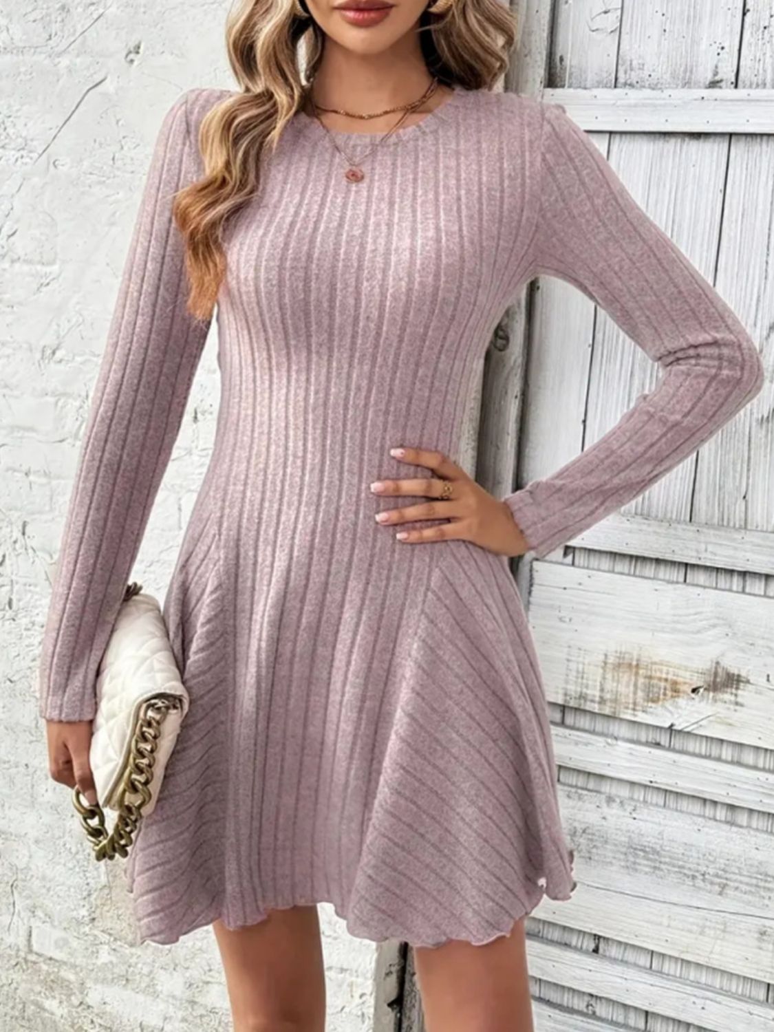 Ribbed Round Neck Long Sleeve Mini Dress-TOPS / DRESSES-[Adult]-[Female]-Dusty Pink-S-2022 Online Blue Zone Planet