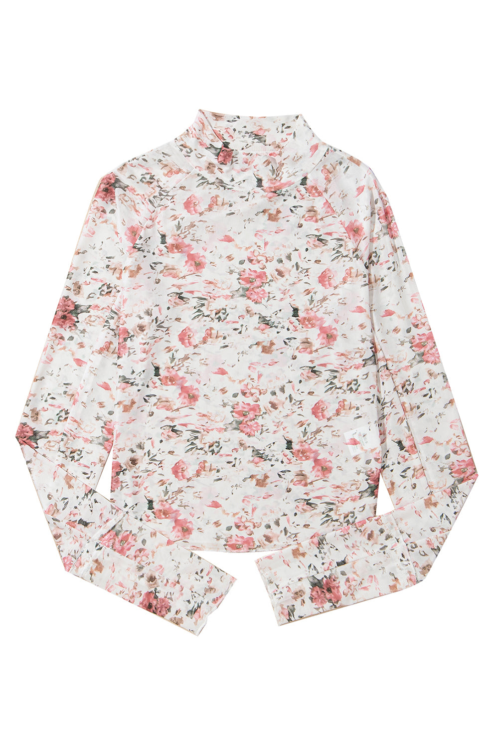 Blue Zone Planet | Pink Floral Long Sleeve High Neck Sheath Mesh Top-Tops/Blouses & Shirts-[Adult]-[Female]-2022 Online Blue Zone Planet