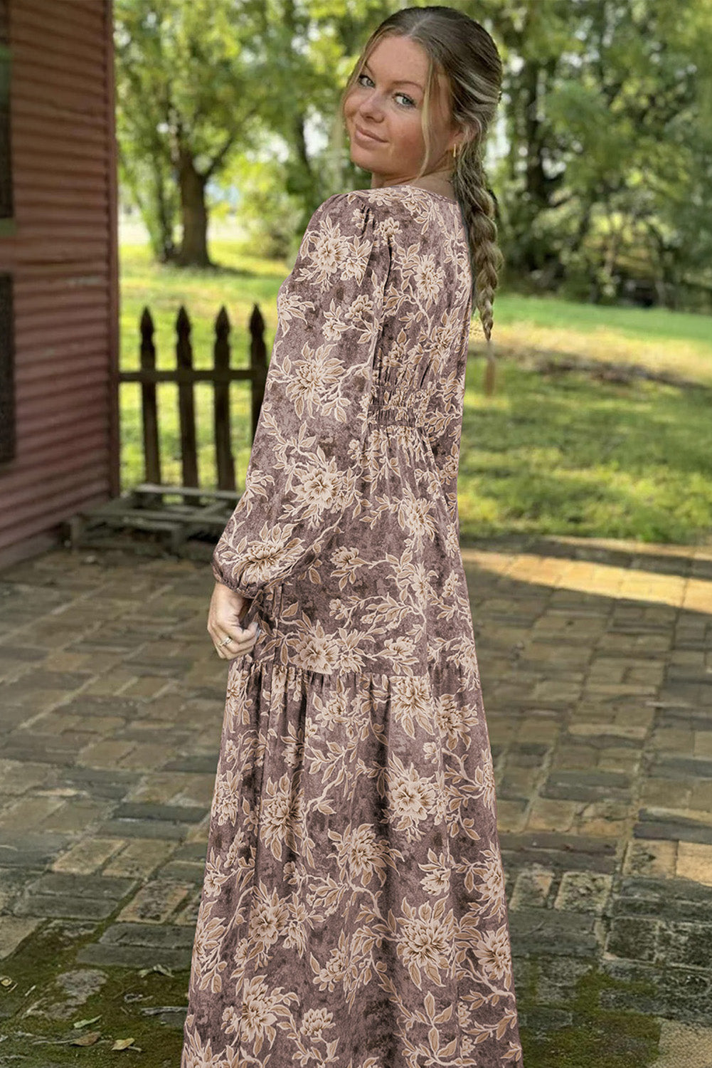 Brown Floral Print Smocked High Waist Long Sleeve Maxi Dress Brown / L / 100%Polyester by Blue Zone Planet Brown Floral Print Smocked High Waist Long Sleeve Maxi Dress Brown / L / 100%Polyester by Blue Zone Planet