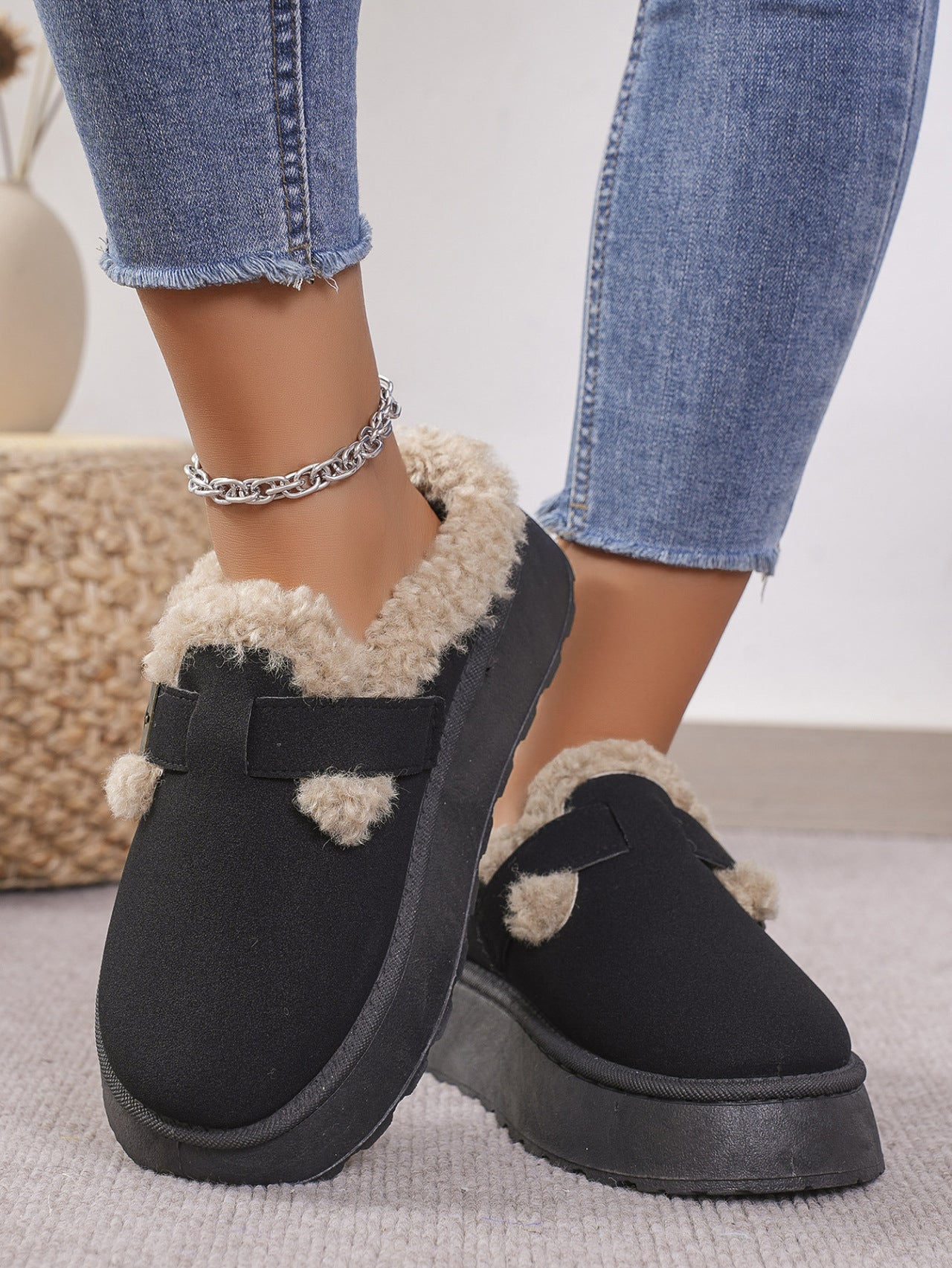 Blue Zone Planet | Thermal Fuzzy Buckle Platform Slippers-SHOES-[Adult]-[Female]-Black-36(US5)-2022 Online Blue Zone Planet