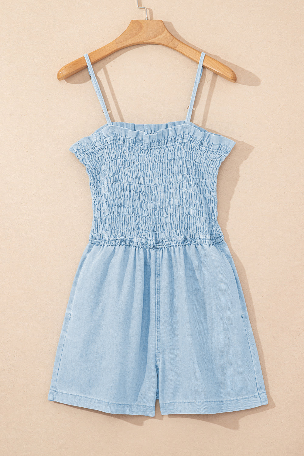 Beau Blue Spaghetti Strap Smocked Denim Romper-Bottoms/Jumpsuits & Rompers-[Adult]-[Female]-2022 Online Blue Zone Planet
