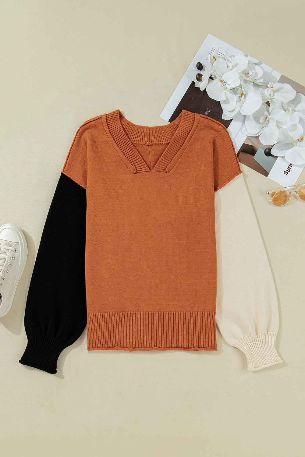 Desert Gold Colorblock Raw Edge Bubble Sleeve V Neck Sweater-Sweaters & Cardigans/Sweaters-[Adult]-[Female]-2022 Online Blue Zone Planet