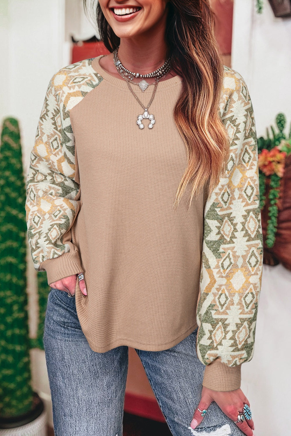 Smoke Gray Waffle Aztec Patchwork Raglan Sleeve Knit Top-Tops/Long Sleeve Tops-[Adult]-[Female]-2022 Online Blue Zone Planet