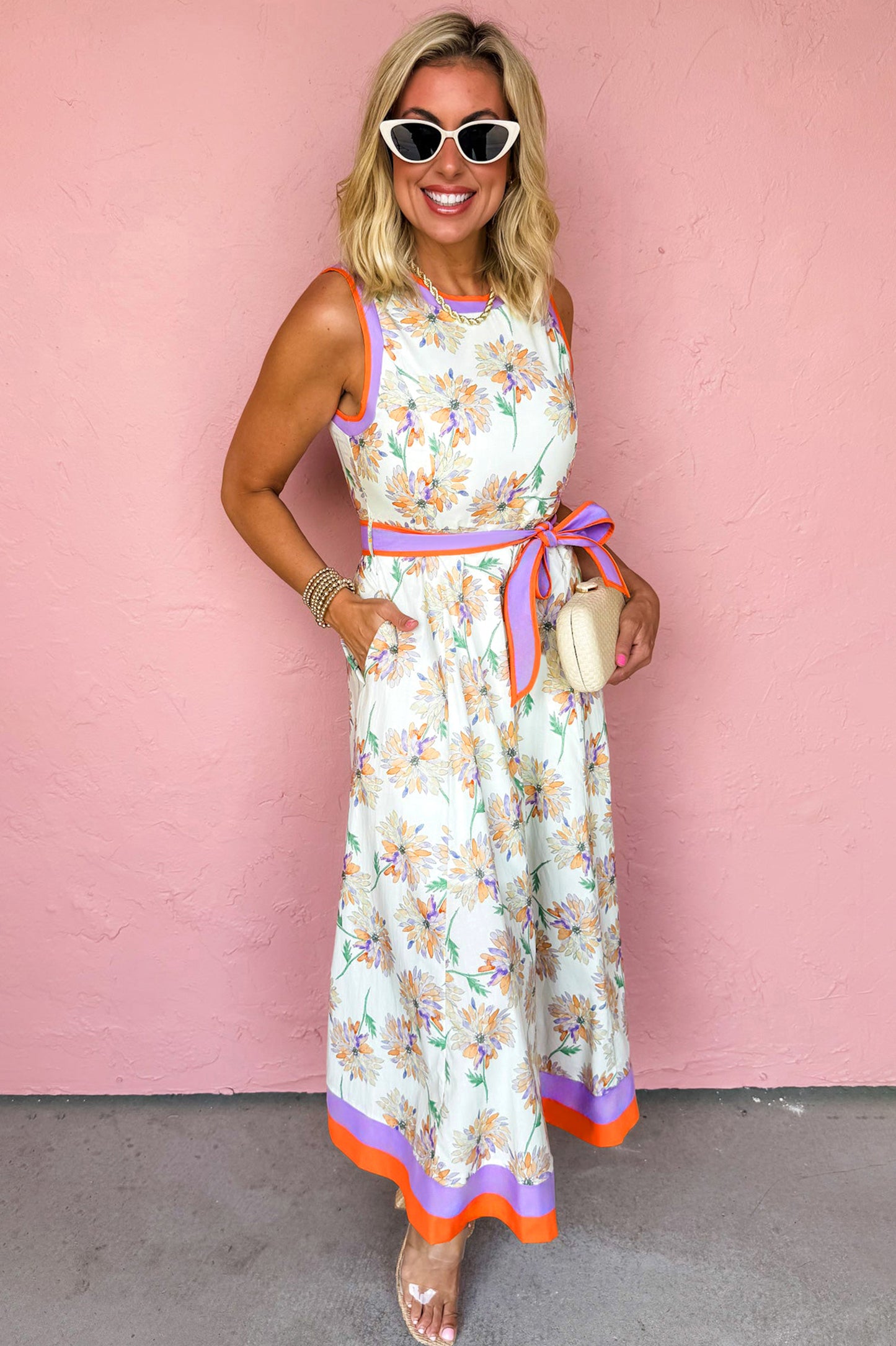 White Floral Print Color Block Trim Belted Sleeveless Maxi Dress-Dresses/Floral Dresses-[Adult]-[Female]-2022 Online Blue Zone Planet