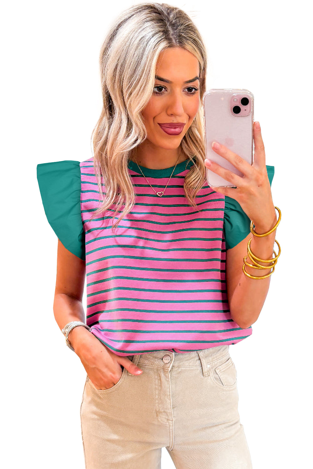 Pink Stripe Colorblock Ruffled Sleeve Crew Neck Blouse-Blouses-[Adult]-[Female]-2022 Online Blue Zone Planet