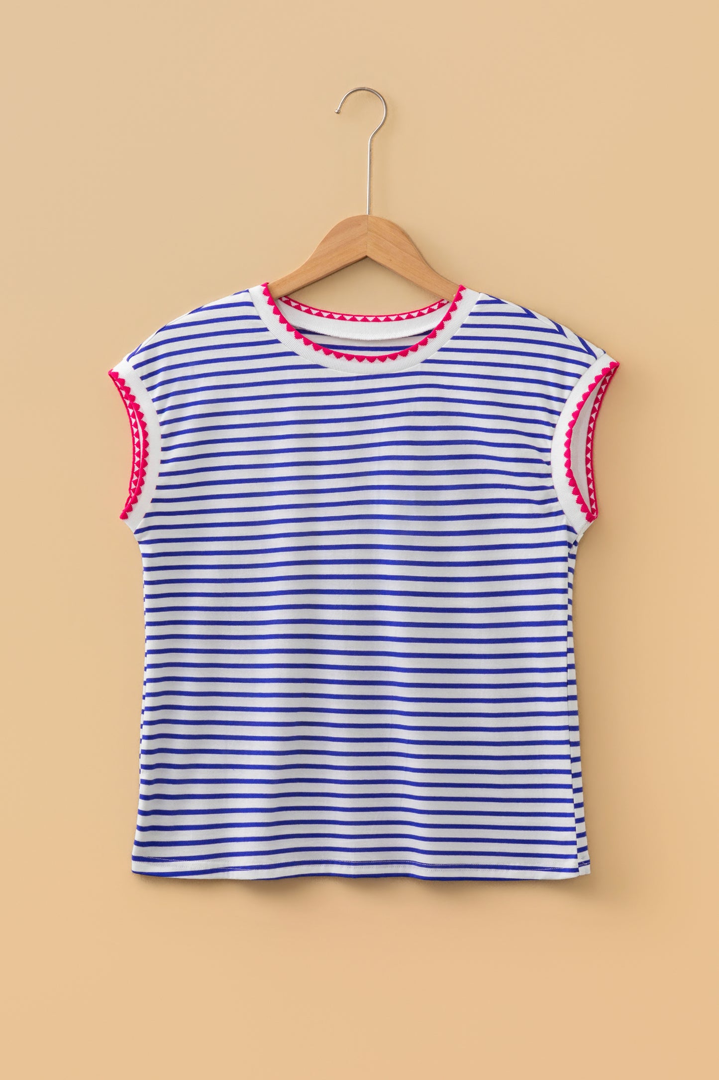 Blue Stripe Contrast Trim Round Neck Cap Sleeve Tee-Tops/Tops & Tees-[Adult]-[Female]-2022 Online Blue Zone Planet