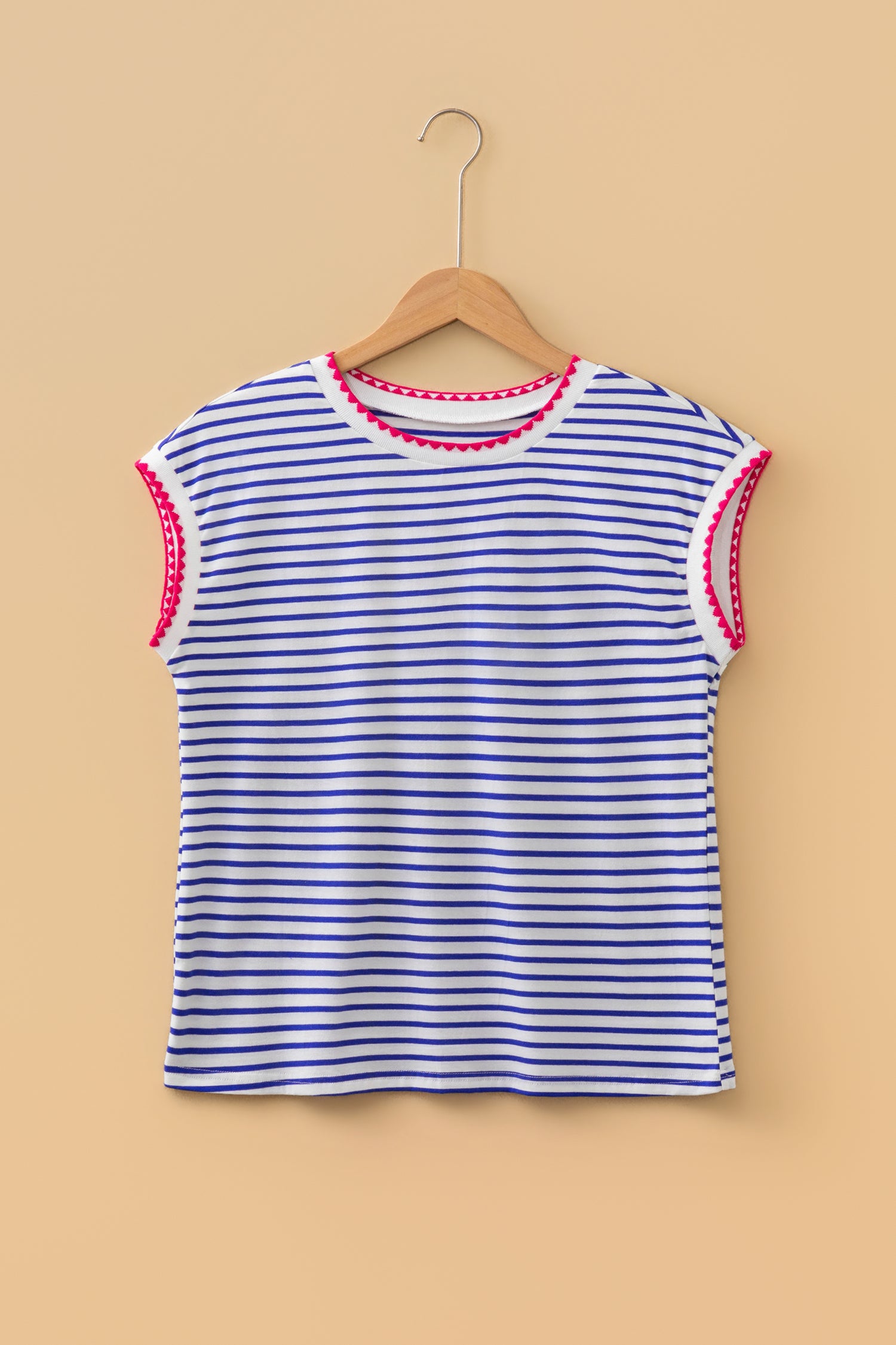 Blue Stripe Contrast Trim Round Neck Cap Sleeve Tee-Tops/Tops & Tees-[Adult]-[Female]-2022 Online Blue Zone Planet