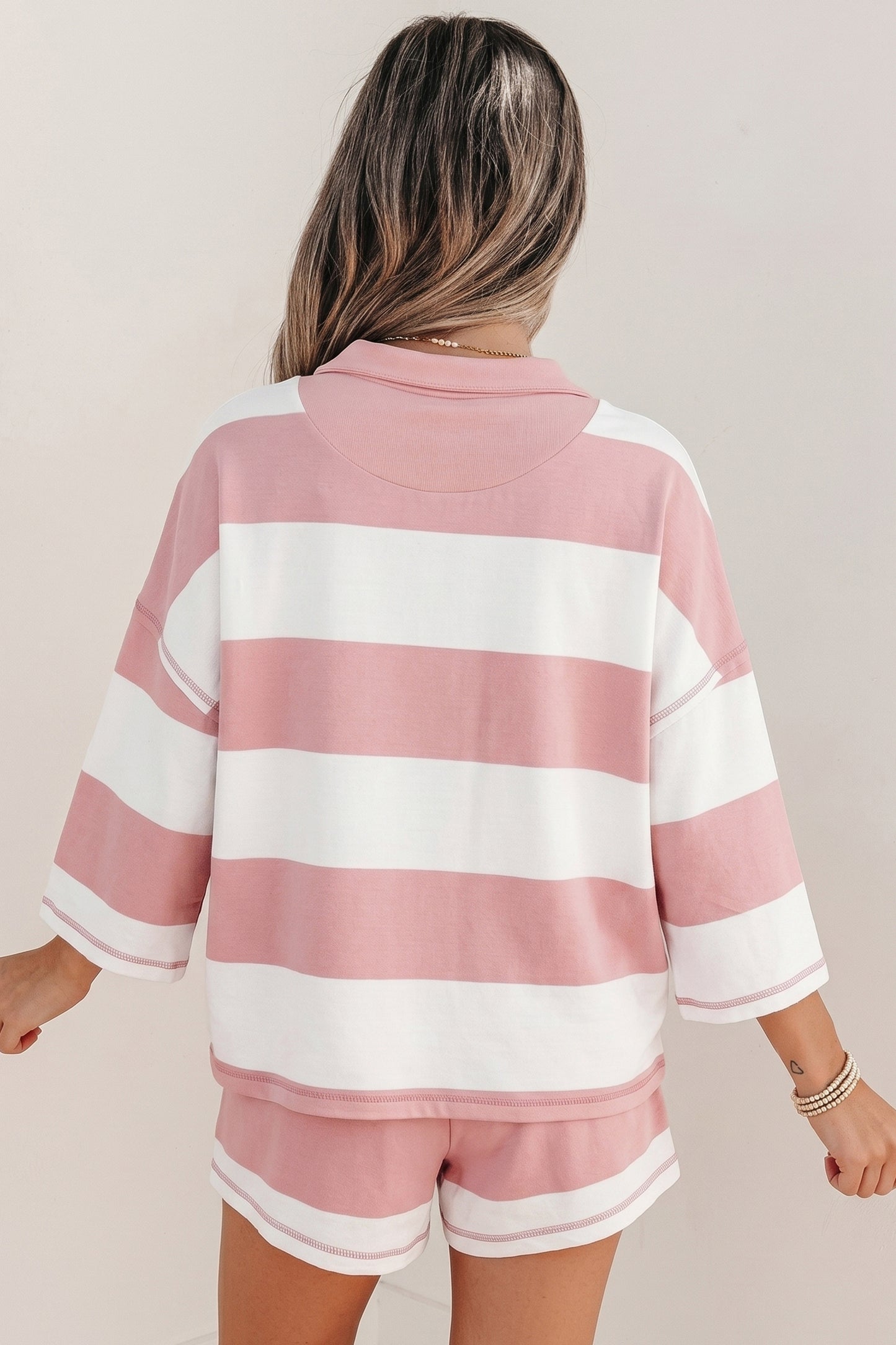 Pink Stripe Half Zip Bracelet Sleeve Top Casual Short Set-Two Piece Sets/Short Sets-[Adult]-[Female]-2022 Online Blue Zone Planet