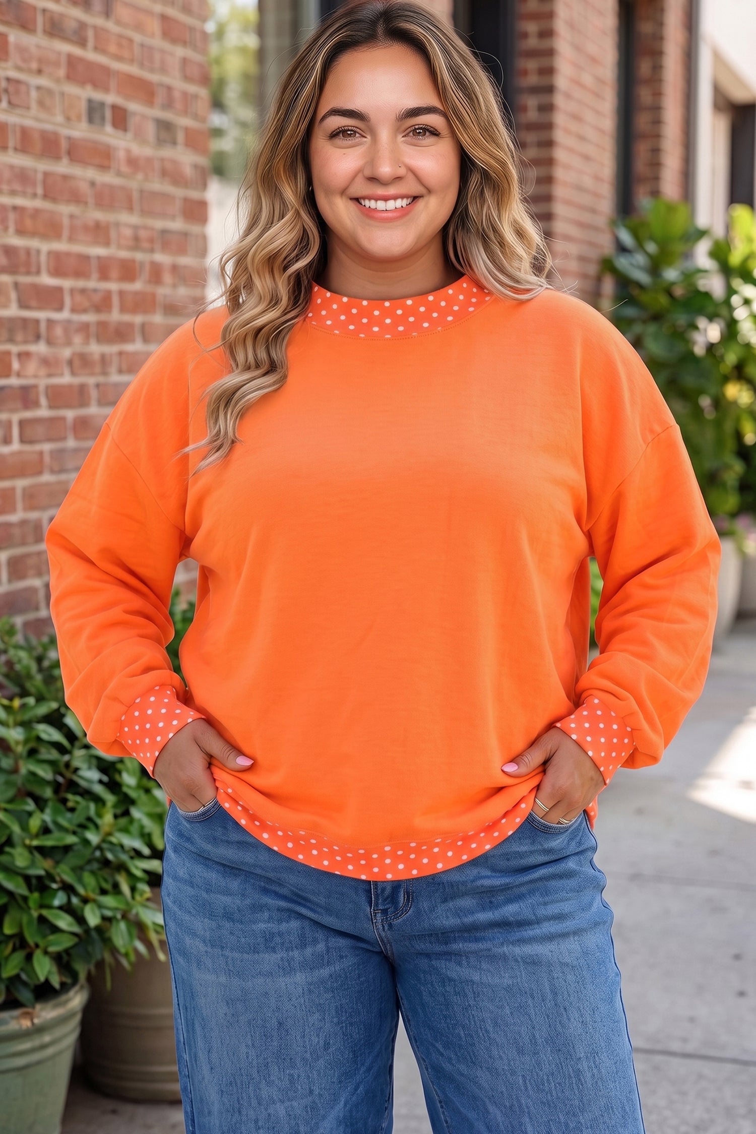 Orange Polka Dot Patchwork Round Neck Plus Size Sweatshirt-Plus Size/Plus Size Sweatshirts & Hoodies-[Adult]-[Female]-2022 Online Blue Zone Planet