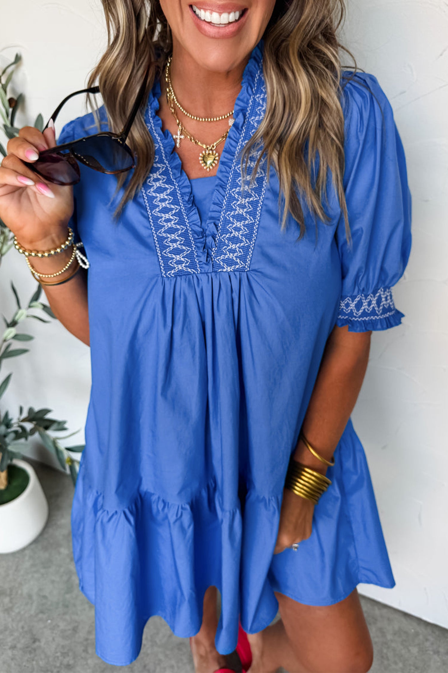 Sky Blue Embroidered Smocked Detail V Neck Short Puff Sleeve Mini Dress-Dresses/Mini Dresses-[Adult]-[Female]-Sky Blue-S-2022 Online Blue Zone Planet