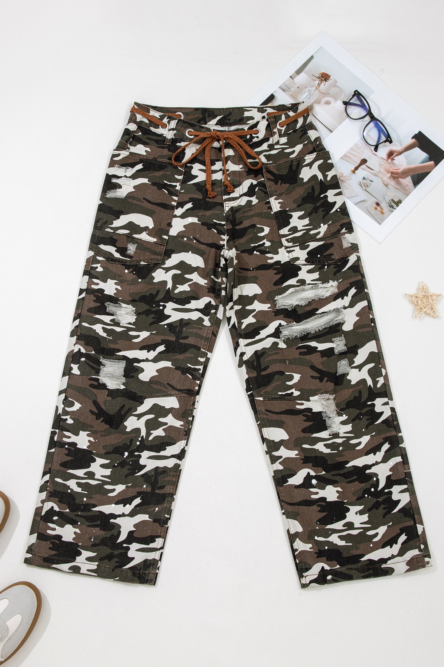 Green Camouflage Print Splashed Distressed Loose Denim Pants-Bottoms/Pants & Culotte-[Adult]-[Female]-2022 Online Blue Zone Planet