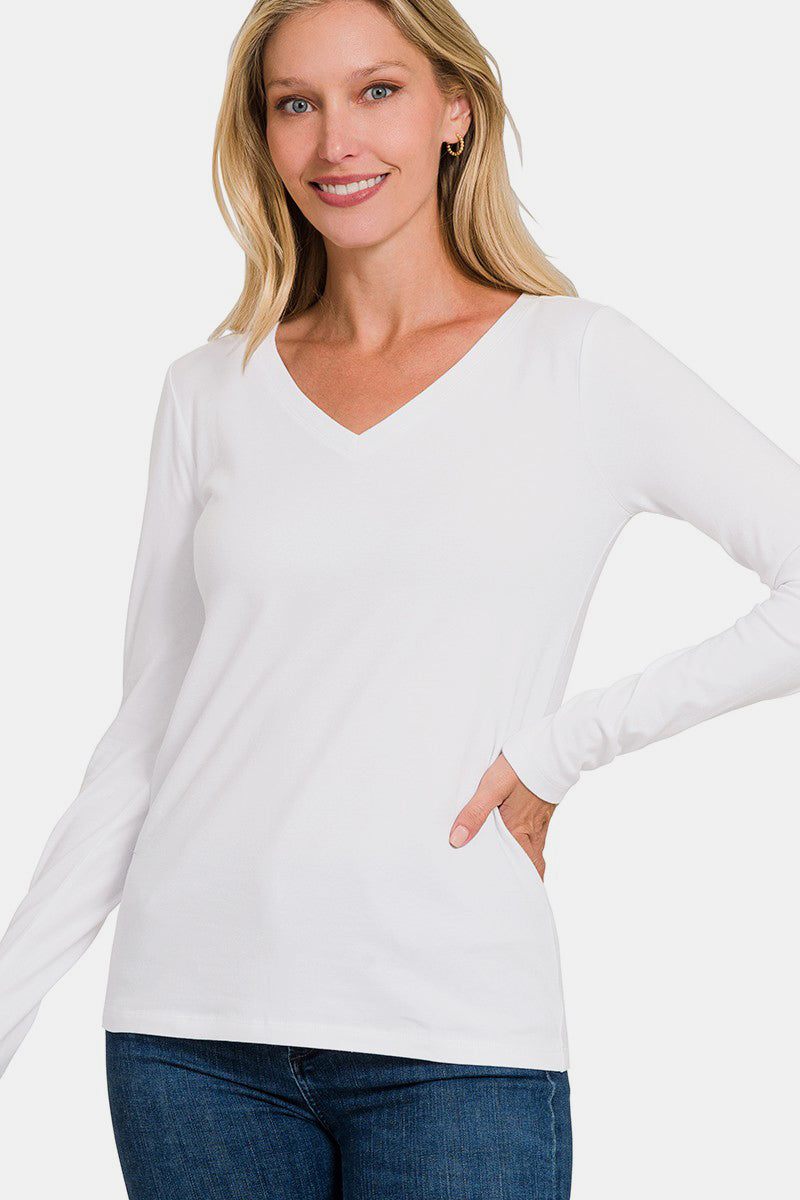 Blue Zone Planet | Zenana Full Size V-Neck Long Sleeve T-Shirt-TOPS / DRESSES-[Adult]-[Female]-White-S-2022 Online Blue Zone Planet