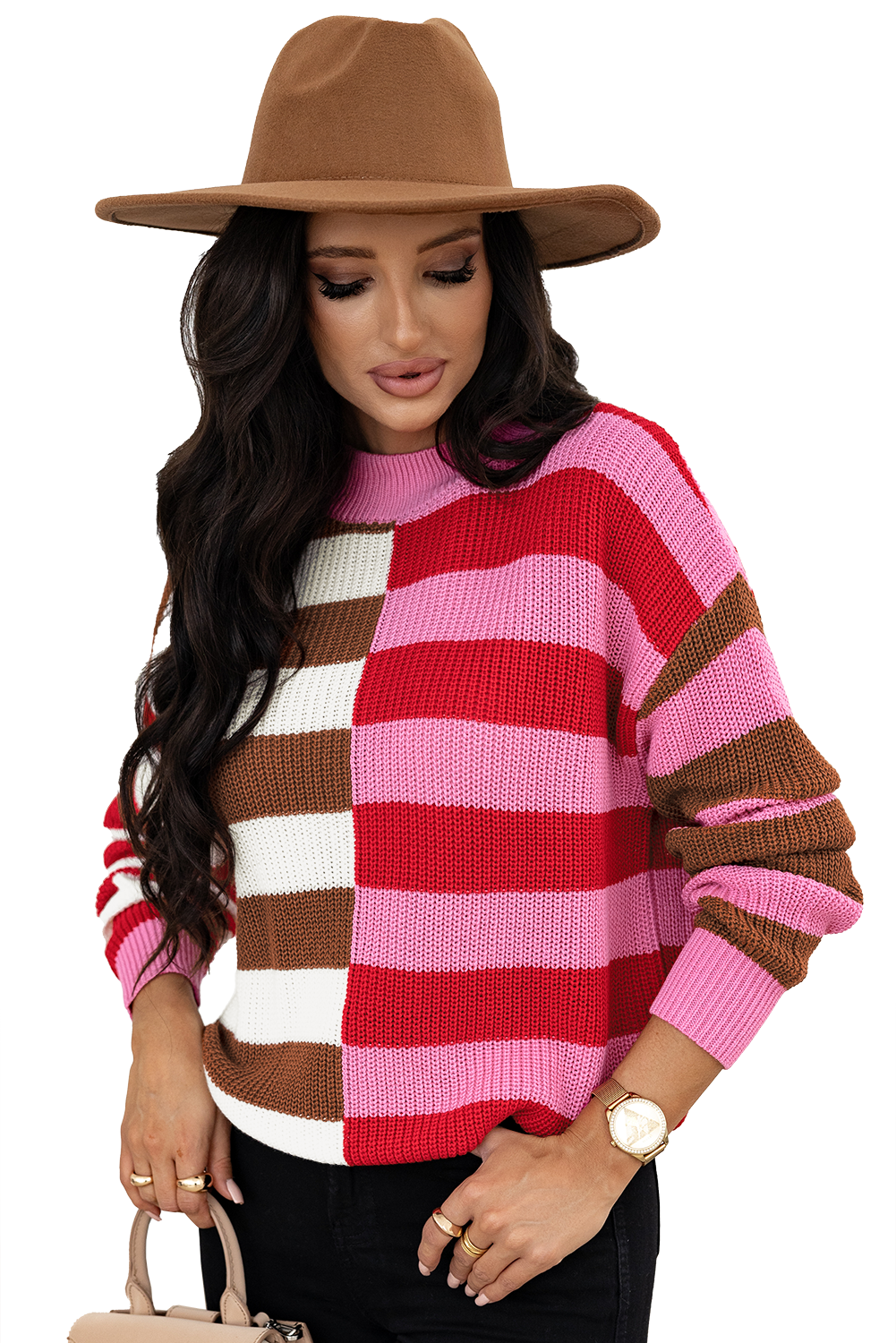 Blue Zone Planet |  Pink Stripe Color Block High Neck Drop Shoulder Loose Sweater